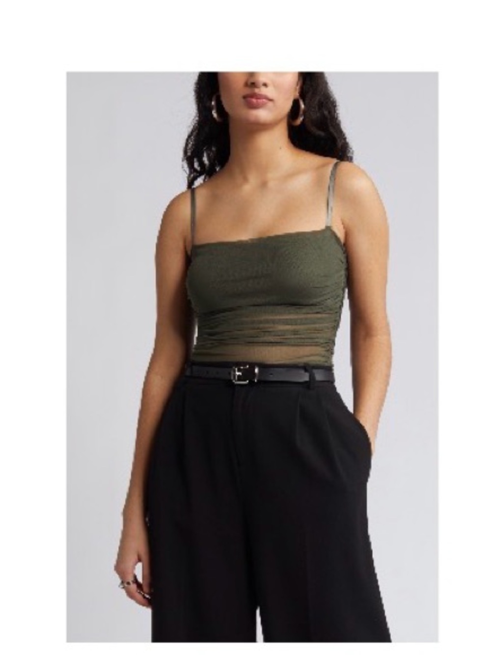 Olive Green Ruched Mesh Cami Tank Top